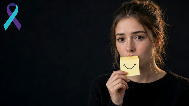 National Suicide Prevention Month Awareness Background with Teal Purple Ribbon and Woman Holding Smiley Note on Black Background