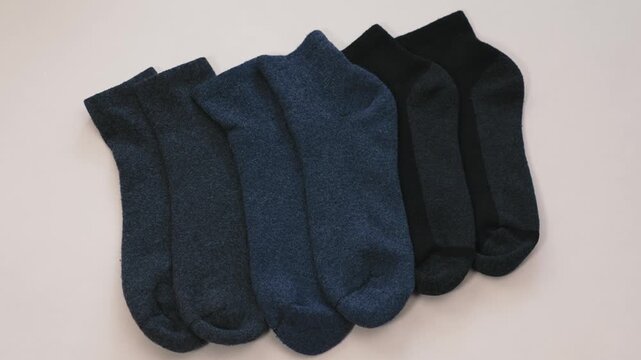Dark socks arranged in row on white background minimal style creating neat visual for clothing organization and everyday use