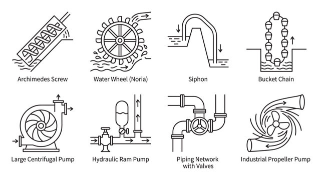 Water lifting devices Archimedes screw water wheel siphon bucket chain pump network.