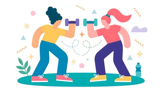 Alegria style vector illustration of two young women working out together doing exercise with dumbbells