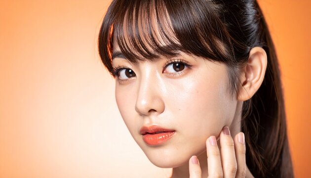 Close-up beauty portrait of a Japanese teenage girl, oval face, large brown eyes with gentle drooping outer corners, long curled lashes, straight small nose, glossy lips slightly parted, dewy glowing 