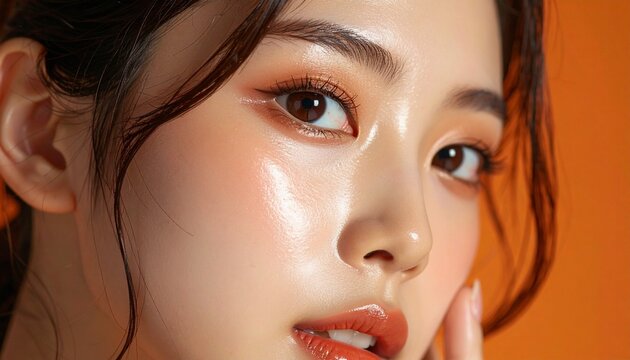 Close-up beauty portrait of a Japanese teenage girl, oval face, large brown eyes with gentle drooping outer corners, long curled lashes, straight small nose, glossy lips slightly parted, dewy glowing 