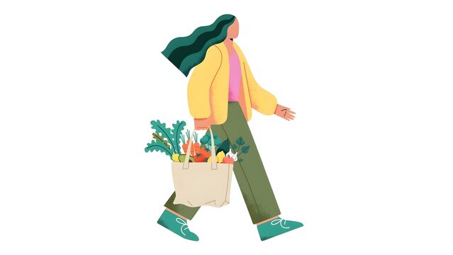 Alegria style vector illustration of a young woman carrying a basket full of fresh organic fruits and vegetables