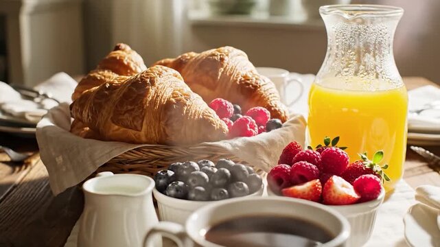 Fresh breakfast with croissants and orange juice
