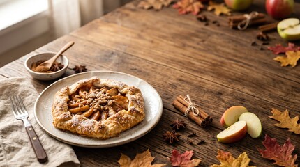 Fototapeta premium Freshly Baked Apple Galette Pastry on a Rustic Wooden Table for an Autumnal Dessert Scene