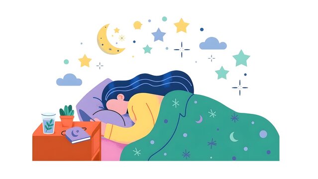 Alegria style vector illustration of a young woman sleeping peacefully in a comfortable bed at night