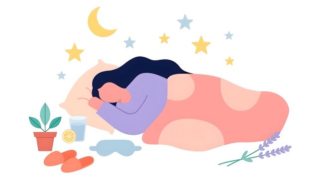 Alegria style vector illustration of a young woman sleeping peacefully in a comfortable bed at night