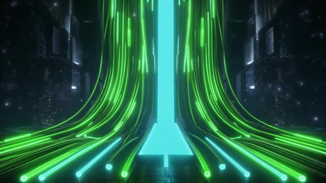 大量の緑色の発光符号が縦に流れ落ち中央下の青い光が細かな粒子と透明な空間を照らす