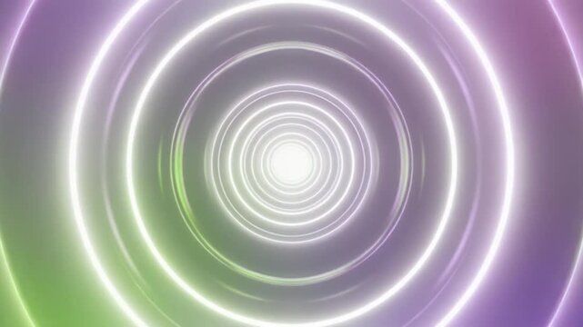 白い光の輪と流線が画面を包み緑と淡い紫の滑らかな色彩が溶け合って神秘的な空間を作る