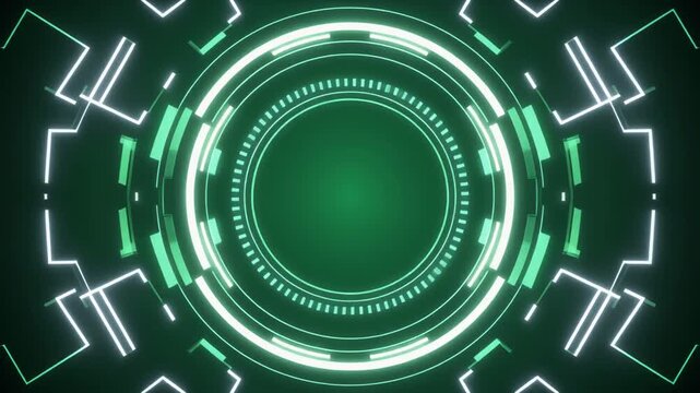 緑色の背景に巨大な円形の透明画面が浮かび白く光る幾何学板が円周を囲んで未来感を作る