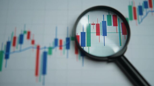 白い背景に並ぶ青赤のローソク足を虫眼鏡が大きく拡大し移動平均線と透明なガラス反射を鮮明に映す金融分析