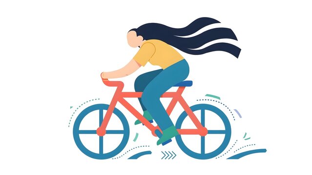 Alegria style vector illustration of a young woman riding a bicycle outdoors in a sunny day