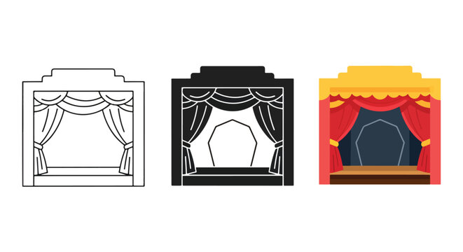 Stage with curtains vector icon set: Clipart, sticker - icon set - Line and glyph solid icon and logo template 