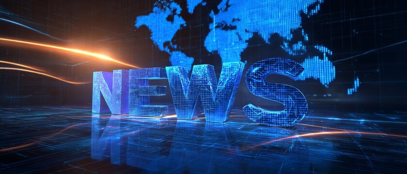 Digital news graphic with world map background.