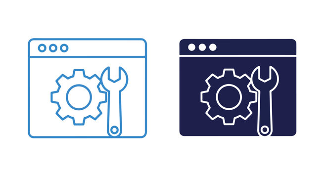 Browser settings gear vector icon set pack: Glyph and solid icon set - Icon vector - logo icons. Blue, Black and white icons