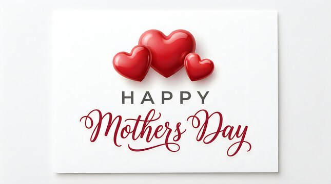 Happy mothers day greeting card design with three red 3D hearts greeting celebration maternity feminine