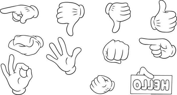 Black line art outline vector set of gloved cartoon hands showing gestures like pointing, thumbs up, thumbs down, fist, open palm, and holding a hello sign.