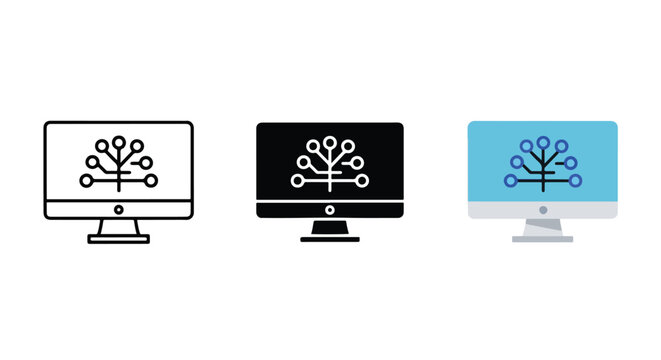 Computer monitor with network tree icon: Icon set - Minimalist, flat icon, outline, glyph, linear, clipart, sticker 