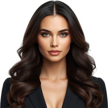 A confident woman with long, wavy dark hair and striking makeup poses against a white background, wearing a black outfit.