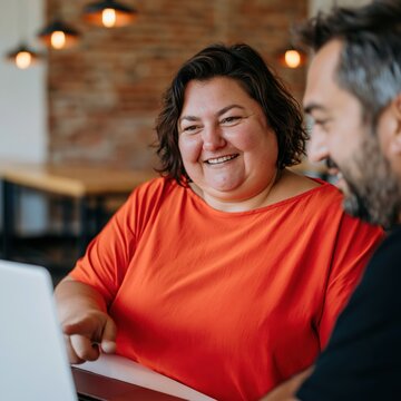 Two coworkers smiling at a laptop with woman in orange leading discussion for team meeting banner and collaboration background in a casual office