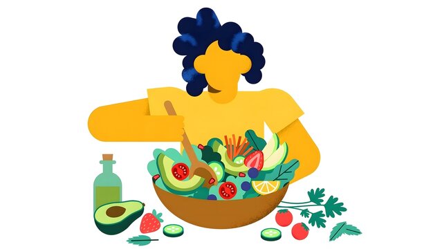 Alegria style vector illustration of a woman preparing healthy meal with fresh fruits and vegetables