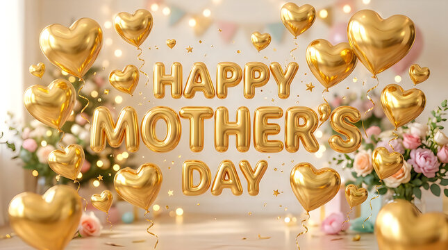 Golden happy mother's day foil balloon text with heart balloons and bokeh lights background, balloons