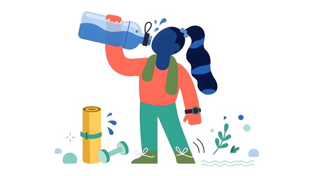 Alegria style vector illustration of a young woman drinking water from a bottle after a workout