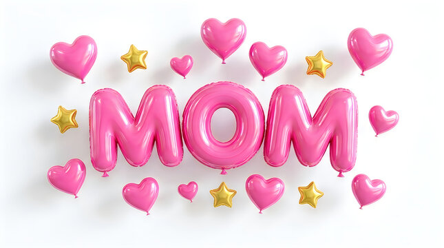 Pink foil balloon text spelling mom surrounded by smaller pink heart and gold star balloons with balloons