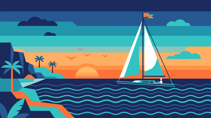 Naklejka premium Stylized Vector Illustration of a Sailboat Navigating a Calm Tropical Ocean During a Vibrant Sunset with Palm Trees