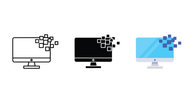 Computer monitor pixel vector icon set: Icon set - Minimalist, flat icon, outline, glyph, linear, clipart, sticker 