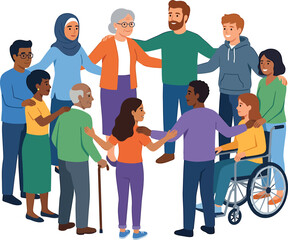 Obraz premium Diverse group of people standing in a circle holding hands and supporting each other