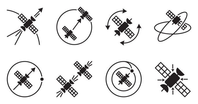 Satellite orbits and space station in orbits showing movement and communication.
