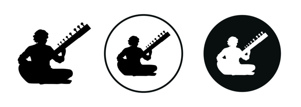 Indian sitar musician silhouette icon in traditional performance pose