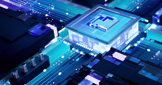 A glowing computer processor chip sits at the center of a detailed circuit board illuminated in bright blue light.