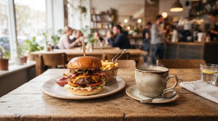 Fototapeta premium Gourmet Burger and Coffee in Modern Cafe Setting