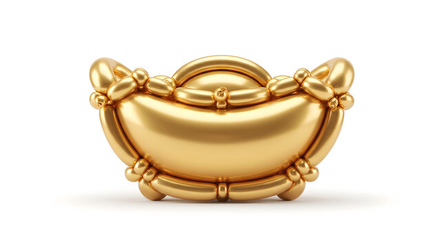 Traditional Chinese gold ingot sycee made from metallic golden balloon sculpture isolated on white background