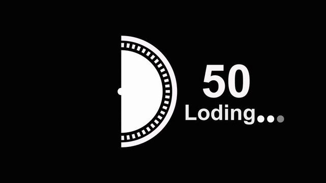 A representation of a loading indicator with a circle clock face and the number 100 followed by Loding..." text on a black background Keywords: loading.