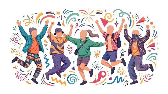 Abstract Minimalist Illustration of Anonymous Group of People Celebrating Together, Concept for Teamwork Success, Community Joy, Friendship, Party, Unity, and Positive Energy, Flat Vector Graphic