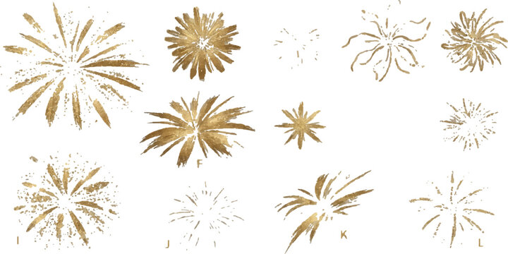 Golden Fireworks Burst Collection: A dazzling collection of golden fireworks bursting in the night sky, illuminating the darkness with their radiant beauty and festive explosions.