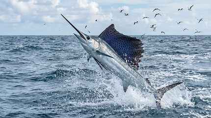 Fototapeta premium Spectacular Atlantic Sailfish Breaching the Surface of the Open Ocean During a Feeding Frenzy
