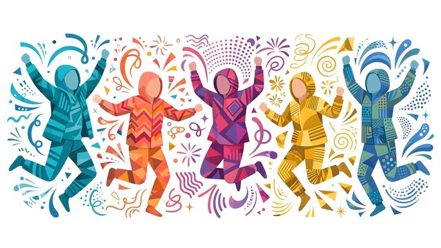 Abstract Minimalist Illustration of Anonymous Group of People Celebrating Together, Concept for Teamwork Success, Community Joy, Friendship, Party, Unity, and Positive Energy, Flat Vector Graphic