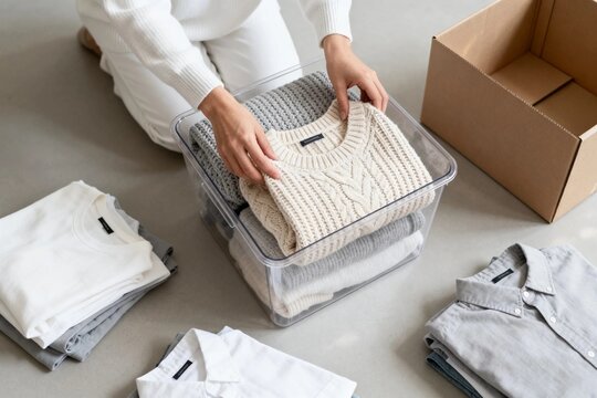 Person packing clothes into a storage bin