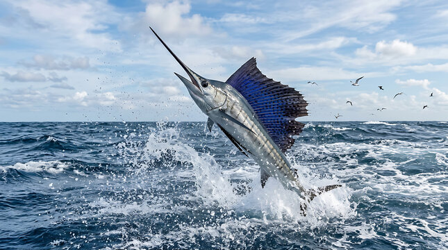 Dynamic action shot of a majestic sailfish leaping out of the deep blue ocean water