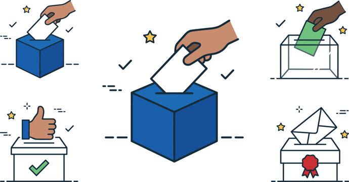 Voting and Election Ballot Box Icon Set with Hands Putting Ballots in Slotted Boxes for Civic Campaign Website Designs