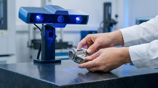 Engineer scanning a mechanical part with a highprecision 3D scanner in a laboratory.