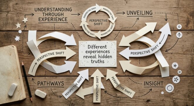 Perspective Shift Diagram Showing Different Experiences Revealing Hidden Truths on Wood