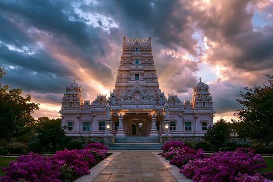 Durga Temple at Sunset With Purple Flowers in Foreground
