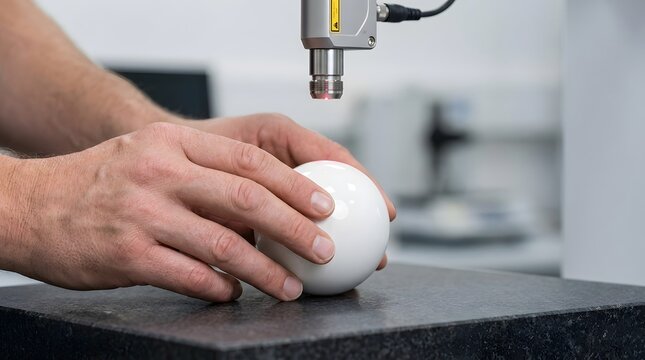 Technician using a coordinate measuring machine to inspect a precision sphere component.