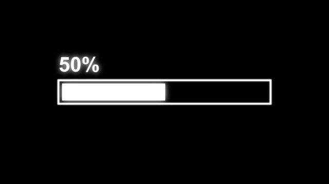 White loading bar progress indicator animation on black background showing incremental percentage growth.