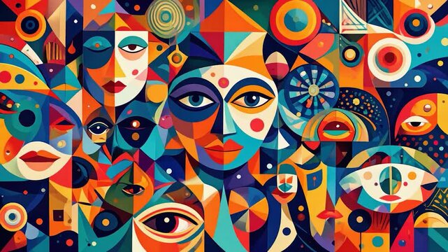 A vibrant abstract composition of faces and geometric shapes in a colorful mosaic